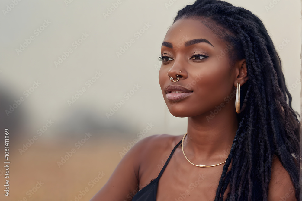 A woman with long hair and a nose ring is standing in a field A woman with long hair and a nose ring is standing in a field
