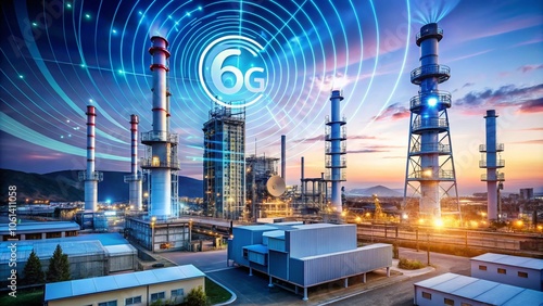 Futuristic Visualization of 6G Data Transmission with Mobile Tower and Repeater at a Large Factory, Showcasing Advanced Technology and Connectivity in Industrial Settings