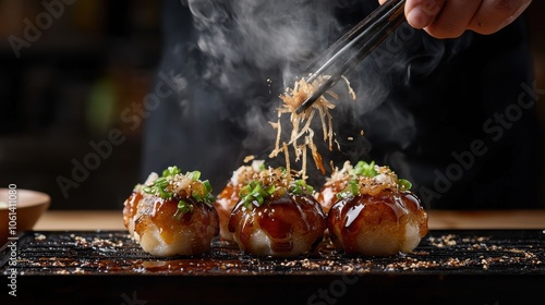 Freshly made Japanese takoyaki being cooked on a hot griddle, photo