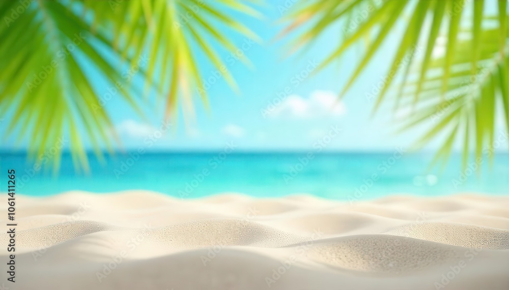 White sandy beach with palm leaves framing a turquoise sea White sandy beach with palm leaves framing a turquoise sea