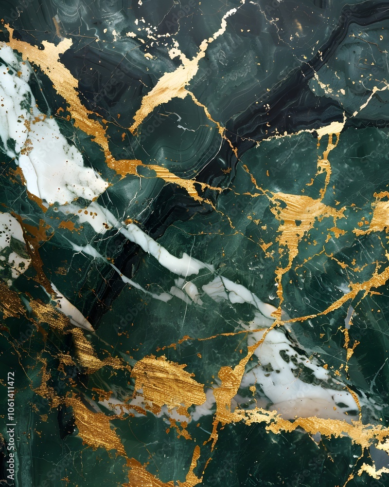 Fototapeta premium A close-up of a luxurious marble texture featuring green, white, and gold veins.