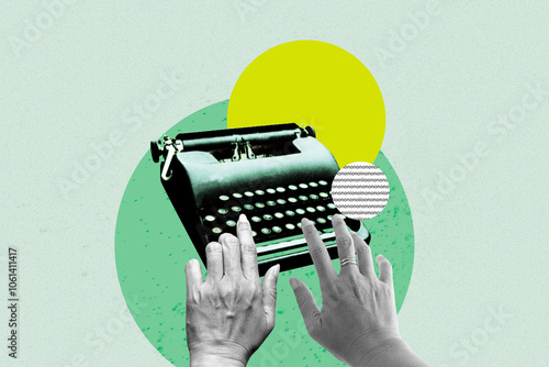 Hand typed on typewriter on green background with copy space. Concept of work on typewriter. Art collage digital pop modern art.