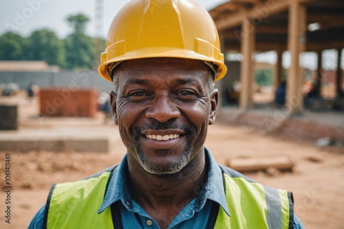 Close portrait of a smiling senior Nigerian man construction worker looking at the camera, Nigerian outdoors construction site blurred background