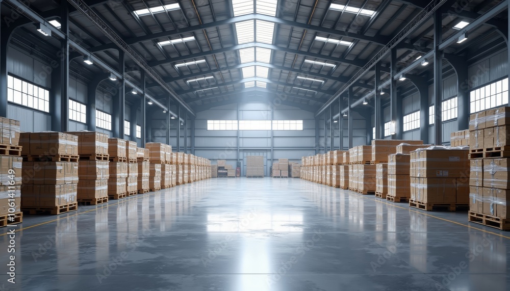 Spacious Warehouse Interior with Stacked Pallets and High Ceilings Spacious Warehouse Interior with Stacked Pallets and High Ceilings