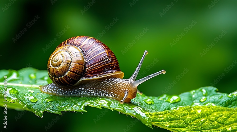 Snail slowly crawls on leaf in nature Snail slowly crawls on leaf in nature
