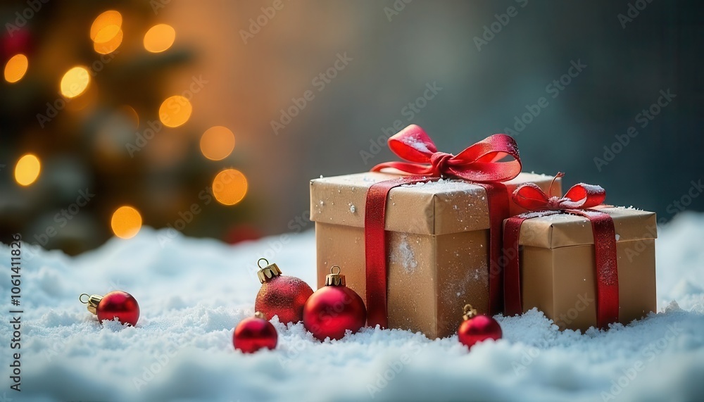 Gift boxes in snow with festive background lights Gift boxes in snow with festive background lights
