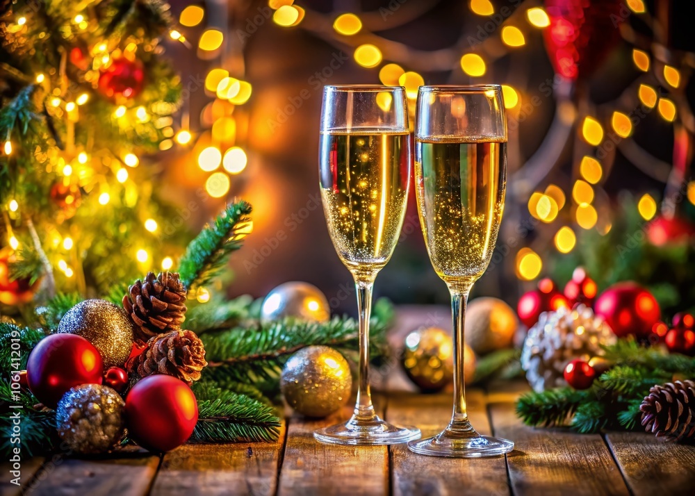 Glasses of Champagne Surrounded by Festive Christmas Decorations for Urban Exploration Photography Glasses of Champagne Surrounded by Festive Christmas Decorations for Urban Exploration Photography