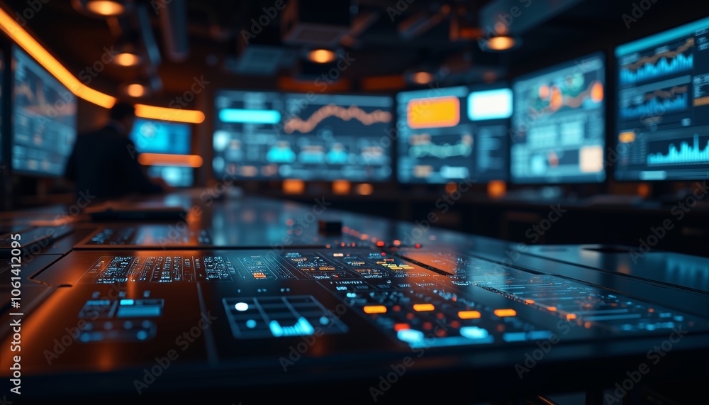 High-Tech Control Room with Glowing Screens and Warm Ambiance. High-Tech Control Room with Glowing Screens and Warm Ambiance.