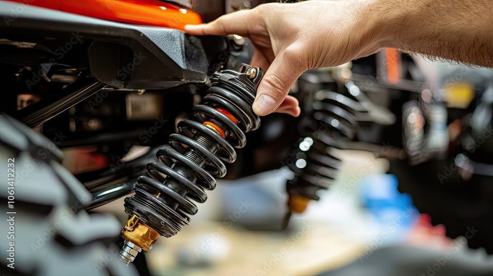 Naklejka premium Hand Adjusting a Black Spring on a Vehicle Suspension System