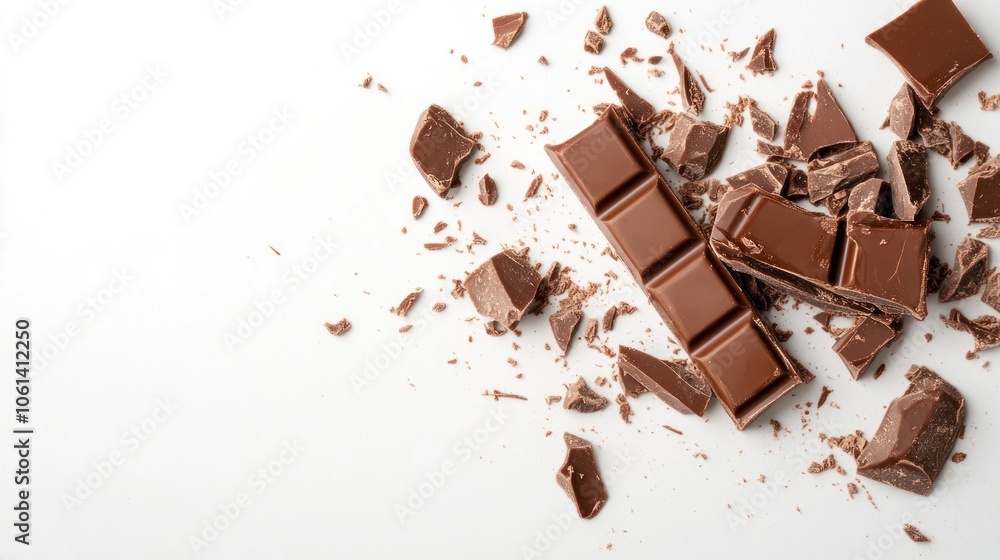 Fototapeta premium A broken chocolate bar with scattered pieces on a white background.