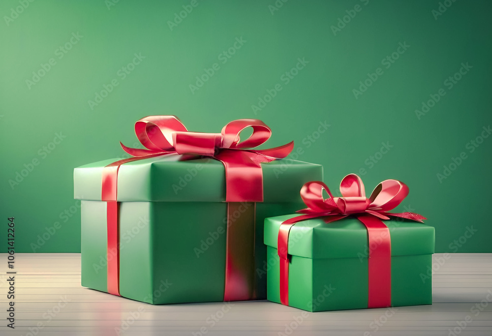 Obraz premium A festive green gift box with a red ribbon on a wooden surface, surrounded by blurred golden lights and Christmas ornaments, creating a holiday atmosphere.