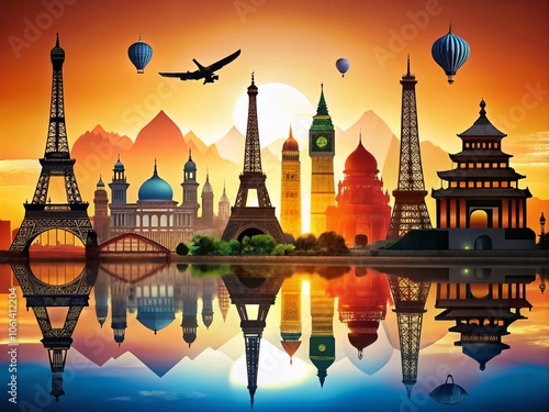 Global Landmarks Silhouettes - Iconic Travel Backgrounds Featuring National Symbols from Around the World