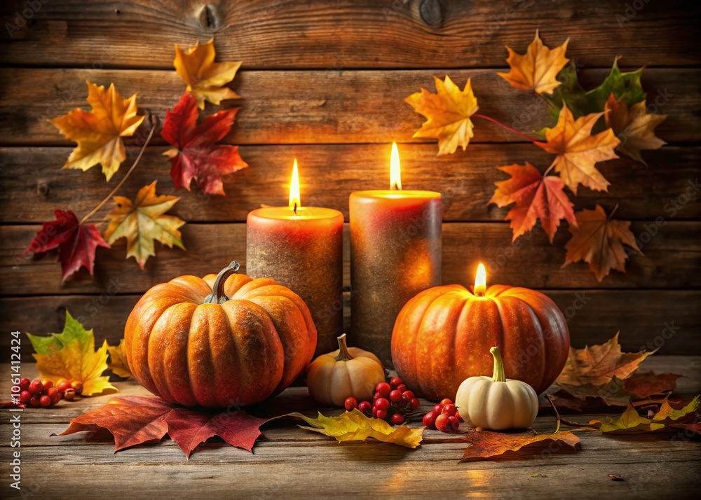 Glowing Candles with Autumn Pumpkins and Leaves on Rustic Background | Cozy Fall Decor Inspiration Glowing Candles with Autumn Pumpkins and Leaves on Rustic Background | Cozy Fall Decor Inspiration