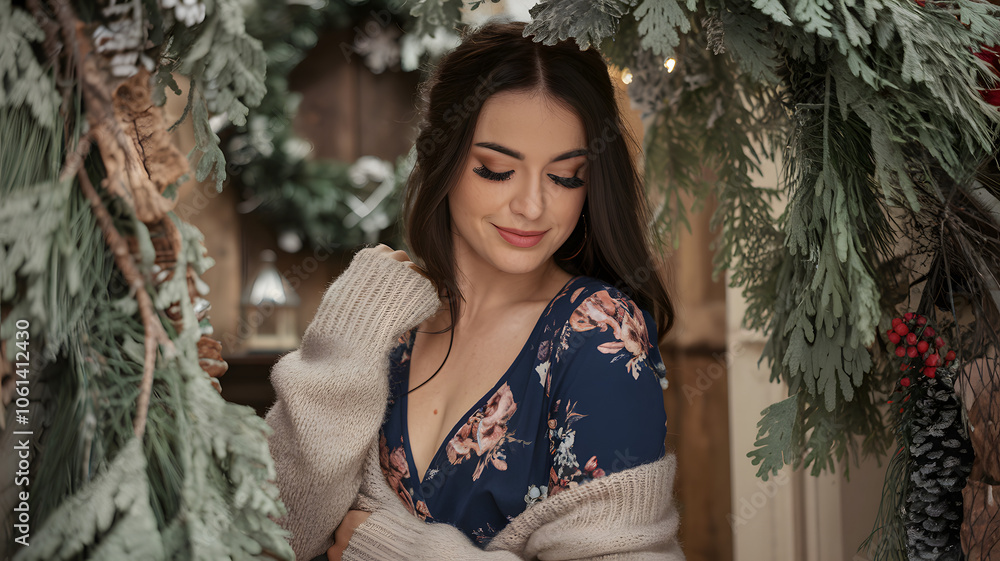 Romantic woman in a floral dress and cozy cardigan standing in a rustic Christmas setting with pine branches, evoking warmth and charm. Romantic woman in a floral dress and cozy cardigan standing in a rustic Christmas setting with pine branches, evoking warmth and charm.