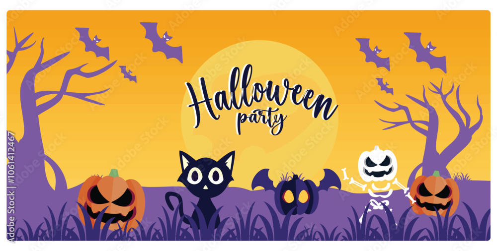 Cute skull with a pumpkin and a black cat. Full moon with flying bats. Halloween concept. Flat vector illustration. Cute skull with a pumpkin and a black cat. Full moon with flying bats. Halloween concept. Flat vector illustration.