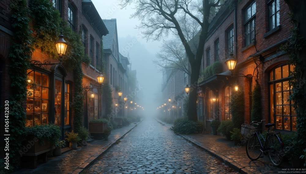 Fototapeta premium Foggy Cobblestone Street with Vintage Lamps and Historic Buildings