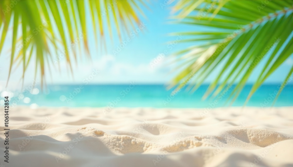Fototapeta premium Sandy tropical beach with palm leaves hanging in the frame.