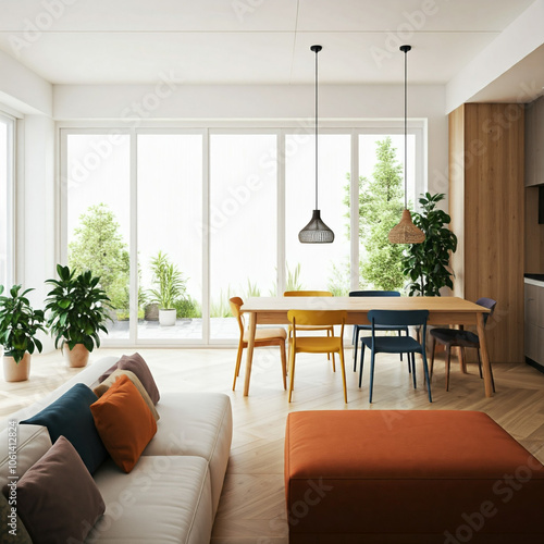 Wallpaper Mural spacious and modern living room with a dining area. The room has large windows that offer a view of the city. Torontodigital.ca