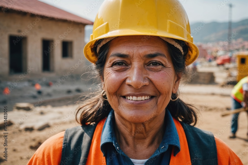 Close portrait of a smiling senior Peruvian woman construction worker looking at the camera, Peruvian outdoors construction site blurred background Close portrait of a smiling senior Peruvian woman construction worker looking at the camera, Peruvian outdoors construction site blurred background