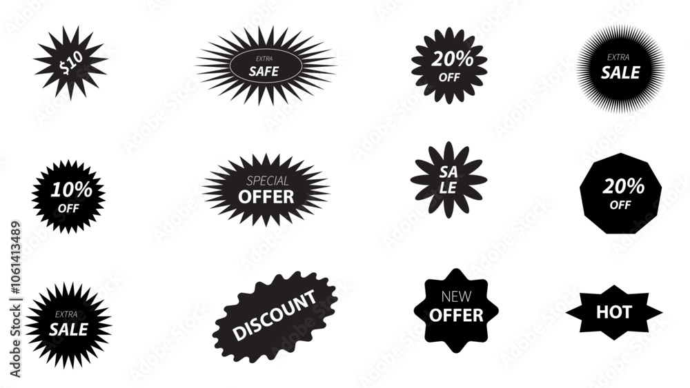 Fototapeta premium Black starbursts and promotional badges set . Black round price stickers, sunburst promo tags, retro discount emblems. Sale star special offer stamps, advertising labels isolated on white background