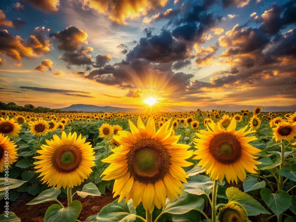 Fototapeta premium Golden Sunset Over Sunflower Field: A Candid Photography Masterpiece of Nature's Vibrant Beauty