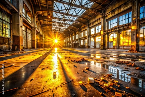 Golden Sunlight Illuminates Abandoned Industrial Hall with Stunning Reflective Surfaces in Macro Photography