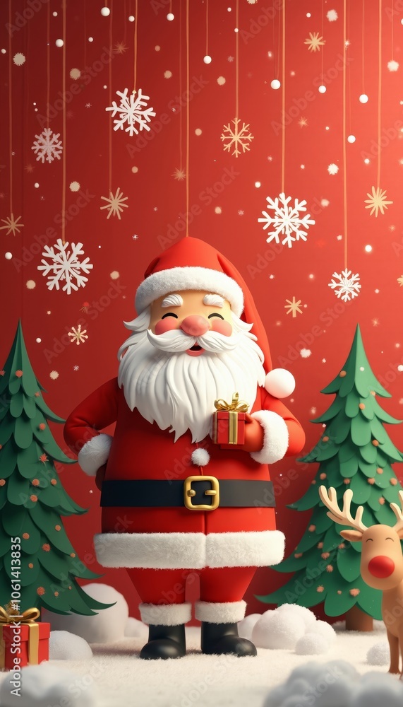 Joyful Santa Claus Surrounded by Festive Trees and Snowflakes. Joyful Santa Claus Surrounded by Festive Trees and Snowflakes.