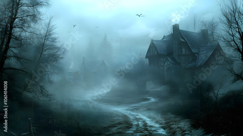 A ghostly village hidden in the fog, memories of the past linger.