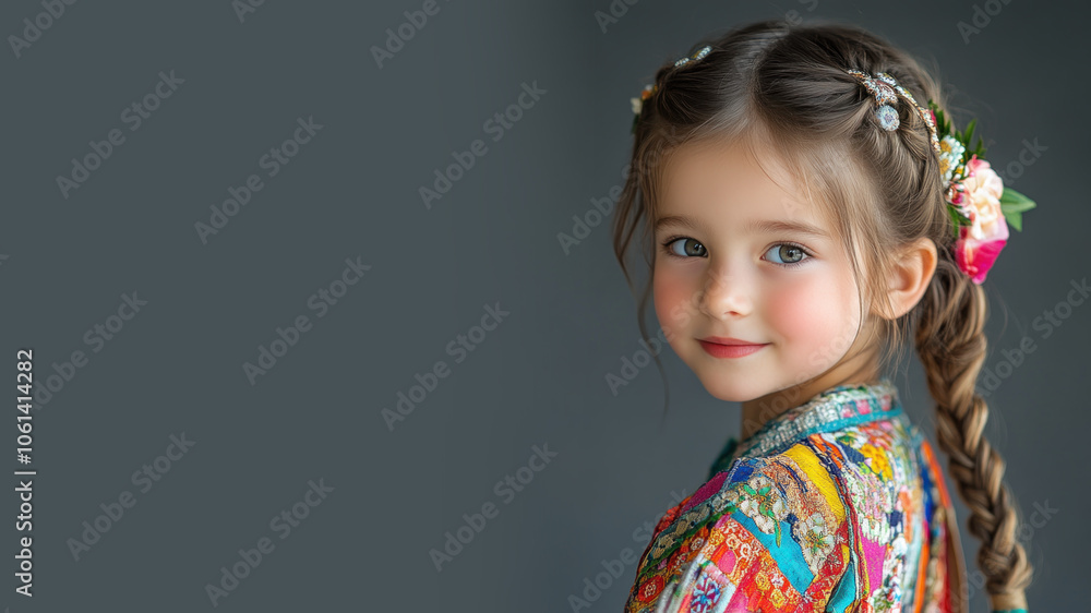 Australian little girl in traditional bunad folk costume isolated on gray Australian little girl in traditional bunad folk costume isolated on gray