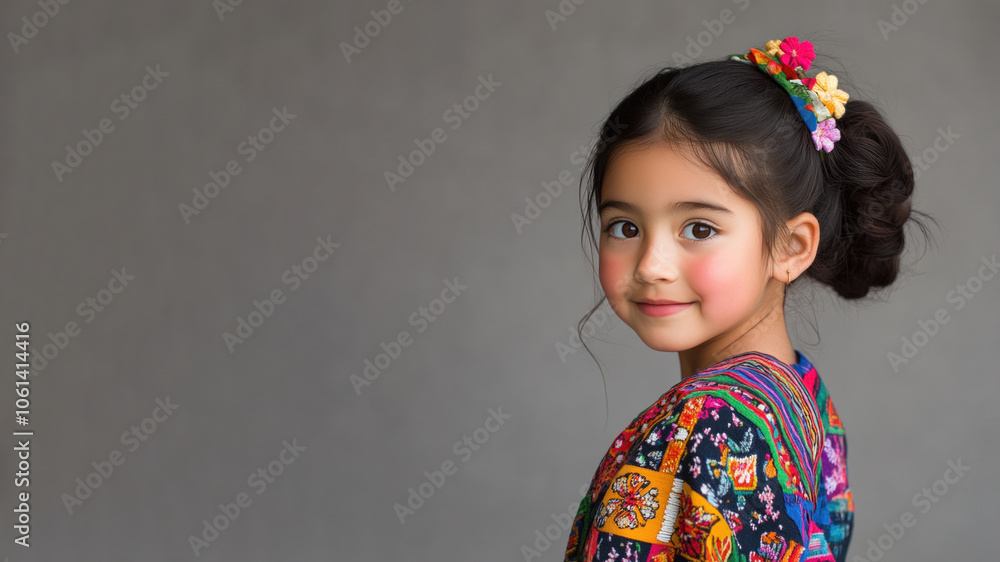 Hispanic little girl in traditional bunad folk costume isolated on gray Hispanic little girl in traditional bunad folk costume isolated on gray