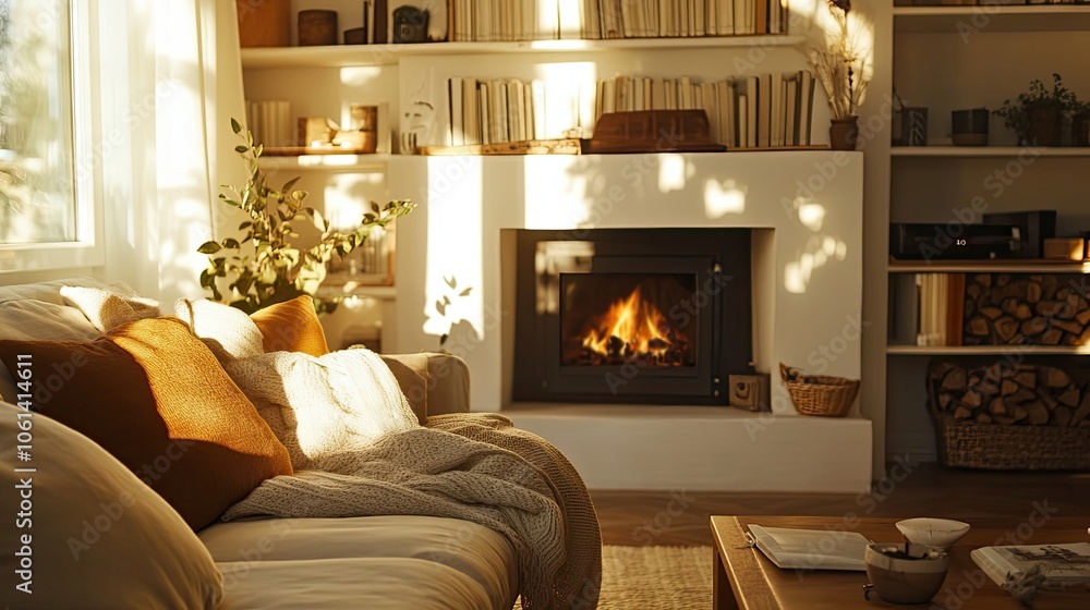 Cozy Living Room with Fireplace, Bookshelves, and a Couch Cozy Living Room with Fireplace, Bookshelves, and a Couch