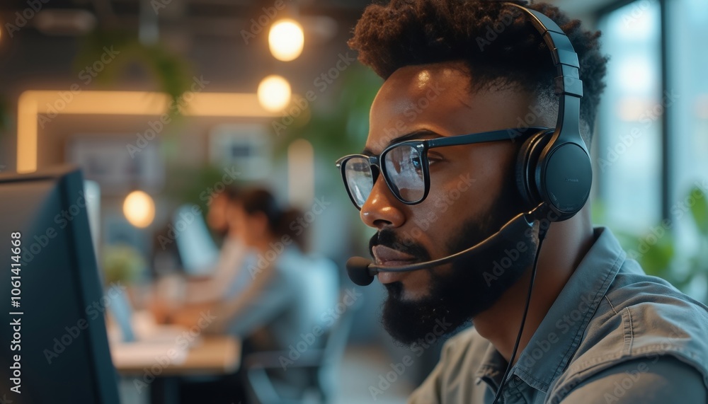 Focused Dark-Skinned Man with Beard in Modern Office Setting. Focused Dark-Skinned Man with Beard in Modern Office Setting.