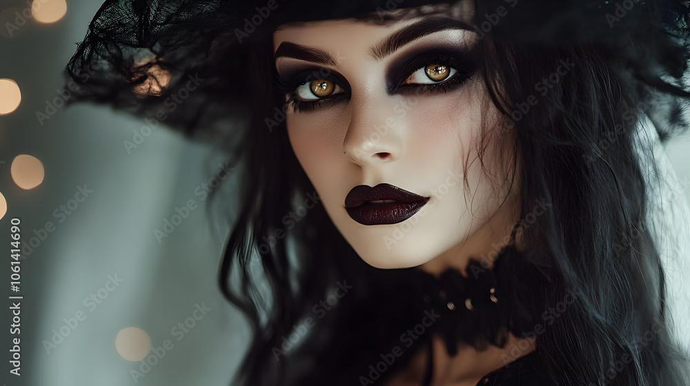 A glamorous witch look with elegant makeup and a fancy hat. A glamorous witch look with elegant makeup and a fancy hat.