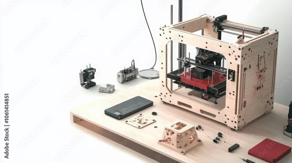 modern workspace featuring 3D printer, tools, and printed models. clean desk showcases creative environment for innovation and design modern workspace featuring 3D printer, tools, and printed models. clean desk showcases creative environment for innovation and design