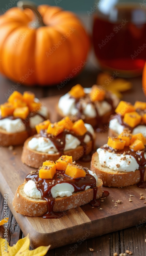 Rustic Bread with Ricotta, Pumpkin Cubes, and Autumn Leaves Display. Rustic Bread with Ricotta, Pumpkin Cubes, and Autumn Leaves Display.