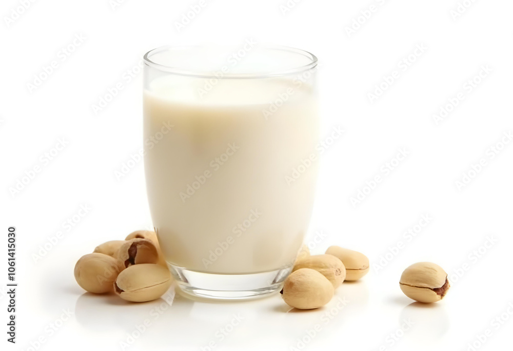 Creamy milk in glass surrounded by pistachio nuts, showcasing fresh and natural look. Perfect for healthy lifestyle imagery Creamy milk in glass surrounded by pistachio nuts, showcasing fresh and natural look. Perfect for healthy lifestyle imagery