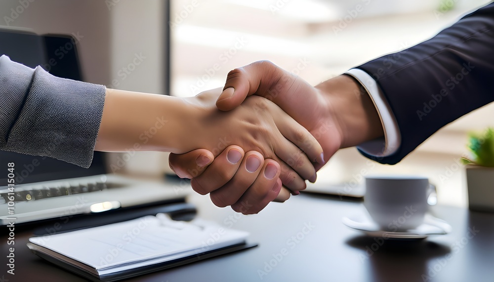 Two people shaking hands in a business setting. One of them is holding a cup. Concept of professionalism and trust between the two individuals Two people shaking hands in a business setting. One of them is holding a cup. Concept of professionalism and trust between the two individuals