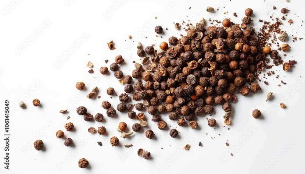 Diverse Collection of Whole and Cracked Peppercorns in Various Sizes. Diverse Collection of Whole and Cracked Peppercorns in Various Sizes.