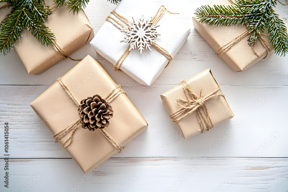 Christmas and New Year holiday background. Xmas greeting card. Christmas gifts on white wooden background top view. Flat lay Christmas and New Year holiday background. Xmas greeting card. Christmas gifts on white wooden background top view. Flat lay