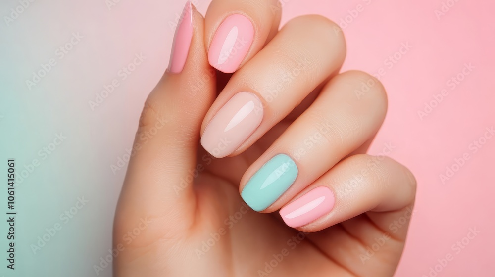Elegant pink and blue manicure on a woman's hand, stylish modern nail art design for spring Elegant pink and blue manicure on a woman's hand, stylish modern nail art design for spring
