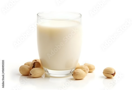 Creamy milk in glass surrounded by pistachio nuts, showcasing fresh and natural look. Perfect for healthy lifestyle imagery