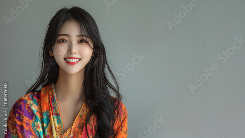 Korean woman smiling wearing traditional cloth isolated on gray