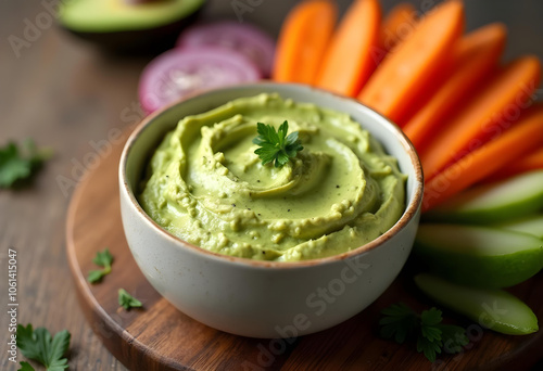 Creamy avocado dip served in bowl with fresh vegetables like carrots and cucumbers. This healthy snack is perfect for gatherings and adds vibrant touch to any table photo