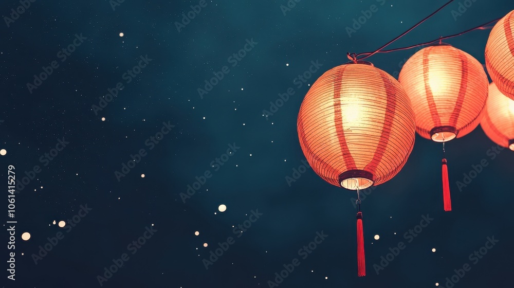 Naklejka premium Vibrant Red Lanterns Against a Starry Night Sky