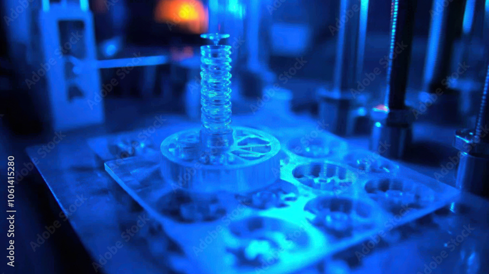 Detailed close up of small intricate 3D printed component in blue lighting, showcasing its design and texture. image captures precision of modern manufacturing techniques Detailed close up of small intricate 3D printed component in blue lighting, showcasing its design and texture. image captures precision of modern manufacturing techniques
