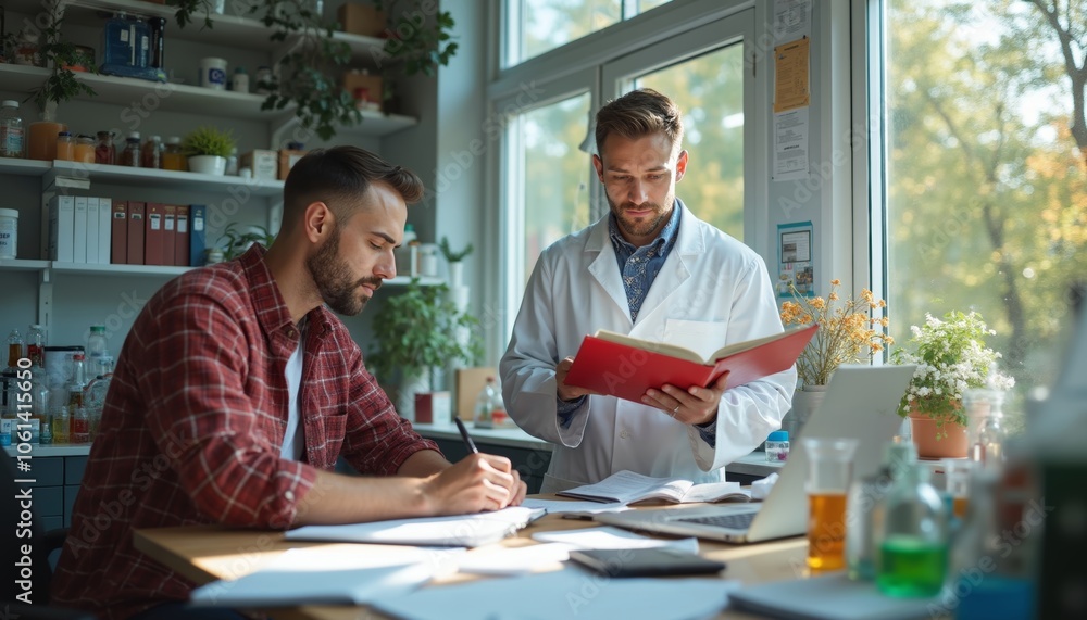 Modern Laboratory with Men Engaged in Scientific Research and Notes. Modern Laboratory with Men Engaged in Scientific Research and Notes.