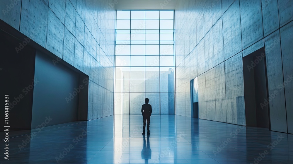 A Man Stands in a Modern Lobby with a Large Window