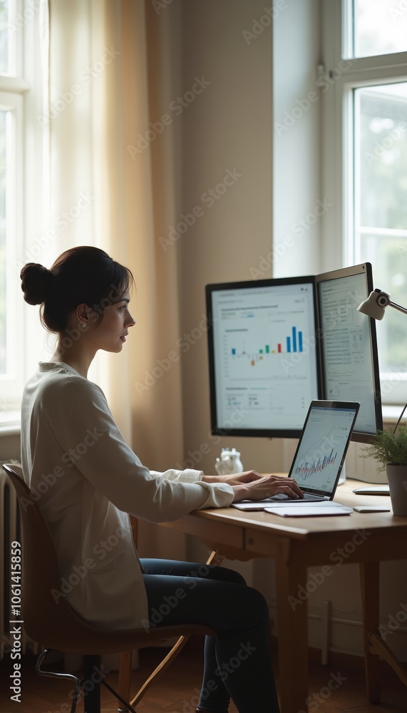 Woman with Dark Hair Working on Laptop at a Wooden Desk in Room. Woman with Dark Hair Working on Laptop at a Wooden Desk in Room.