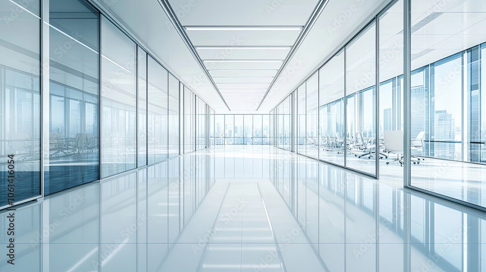 Modern Office Corridor with Floor-to-Ceiling Windows and a City View Modern Office Corridor with Floor-to-Ceiling Windows and a City View