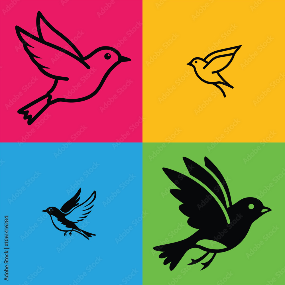Fototapeta premium Robin flying movment icon. Flying bird movment. silhouette, flying, wing, wildlife, robin, fly, feather, minimal, animal, icon, nature, vector, black, design, sparrow, drawing, art, beak.